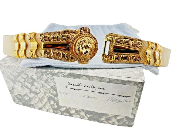 Vtg Judith Leiber Karung Snakeskin Leather Statement Belt Gold Lion Buckle w/Box main image 10